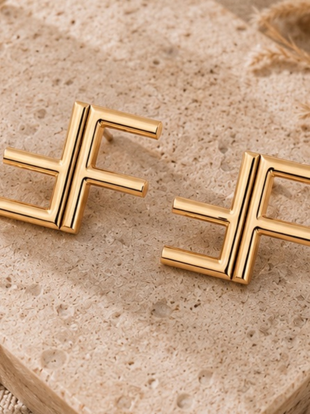 Designer Inspired Gold FF Statement Stud Earrings